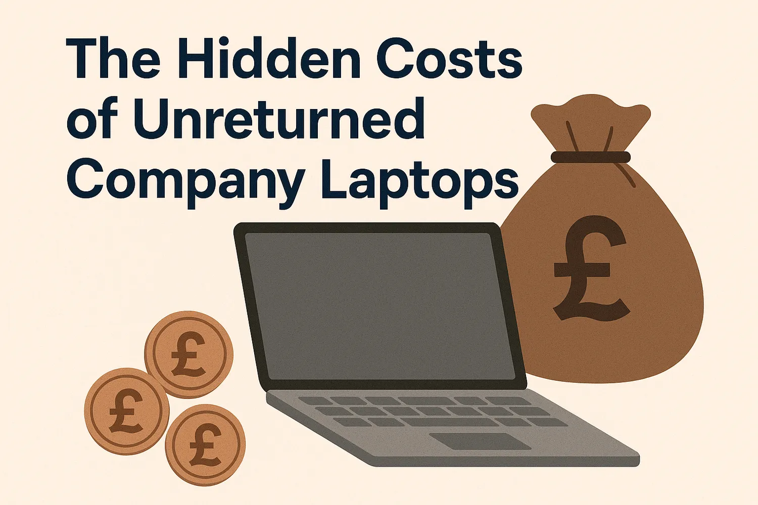 Illustration of a laptop next to a bag of money and pound coins