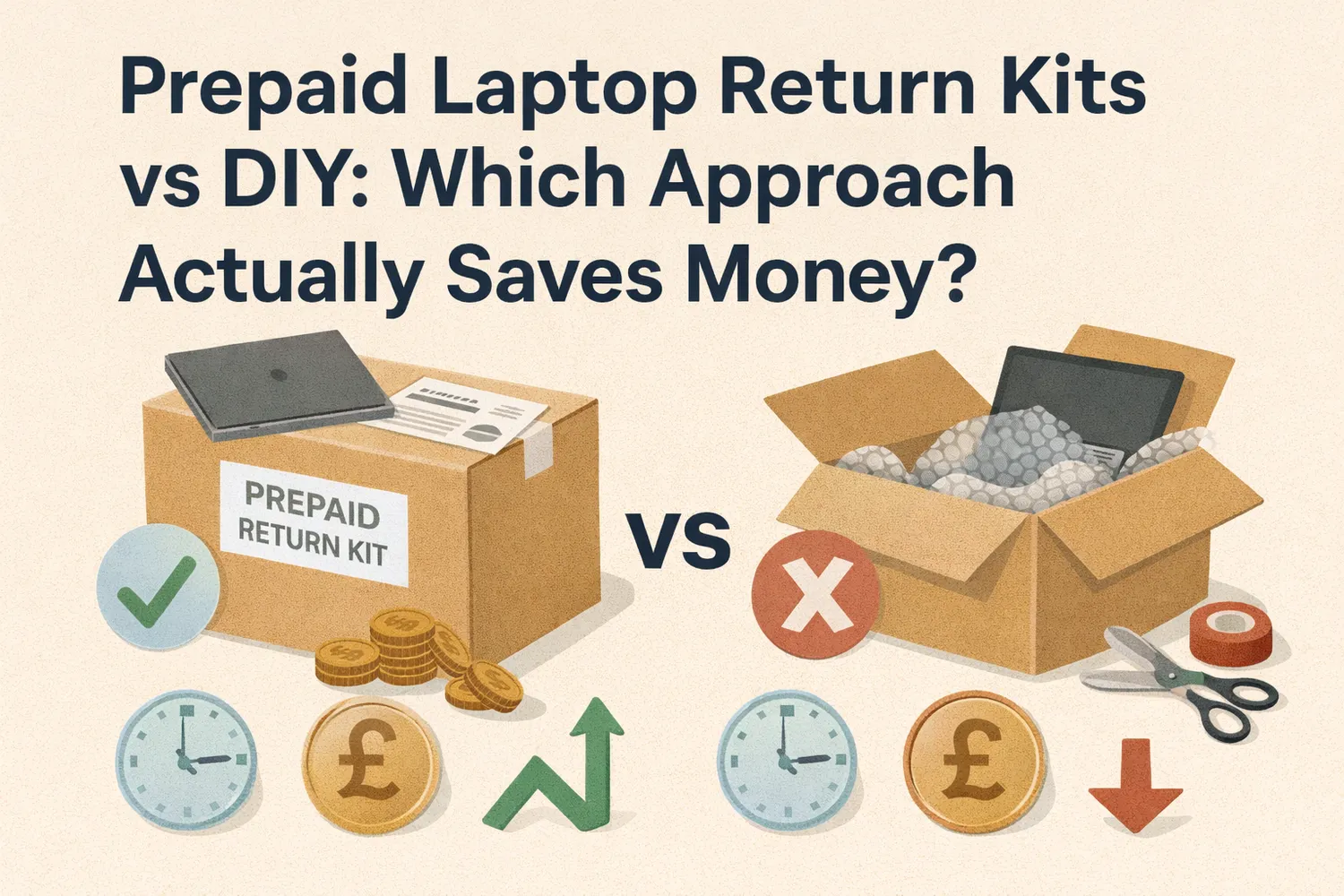 Illustration comparing a prepaid return kit with a DIY box and packing tape