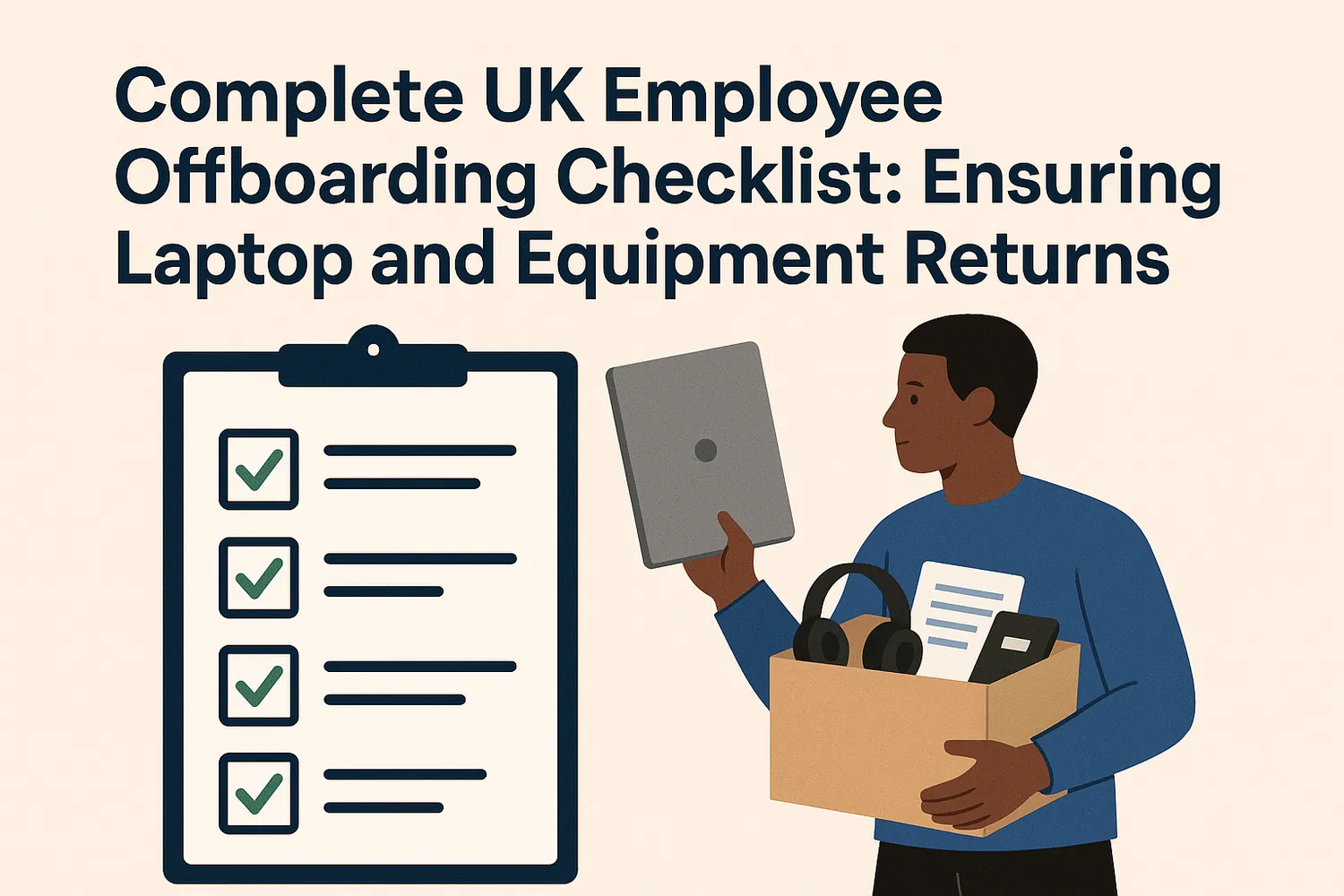 Illustration of an offboarding checklist and an employee returning a laptop